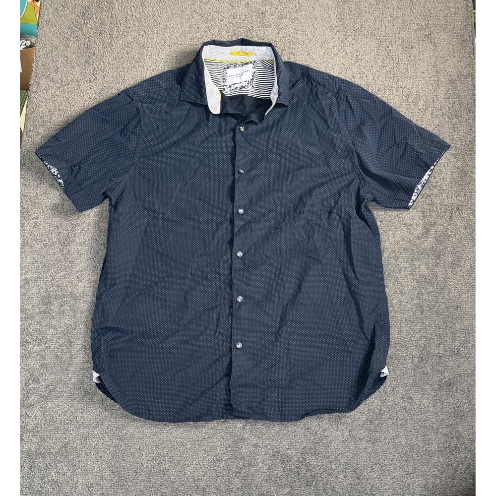 Denim & Flower Ricky Singh Mens Large Navy Blue Polka Dot Short Sleeve Shirt